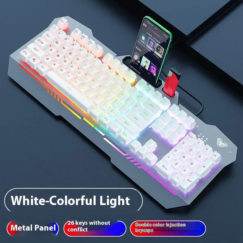 Black and white wired mechanical-feeling keyboard mouse headset bundles with RGB or blue backlighting