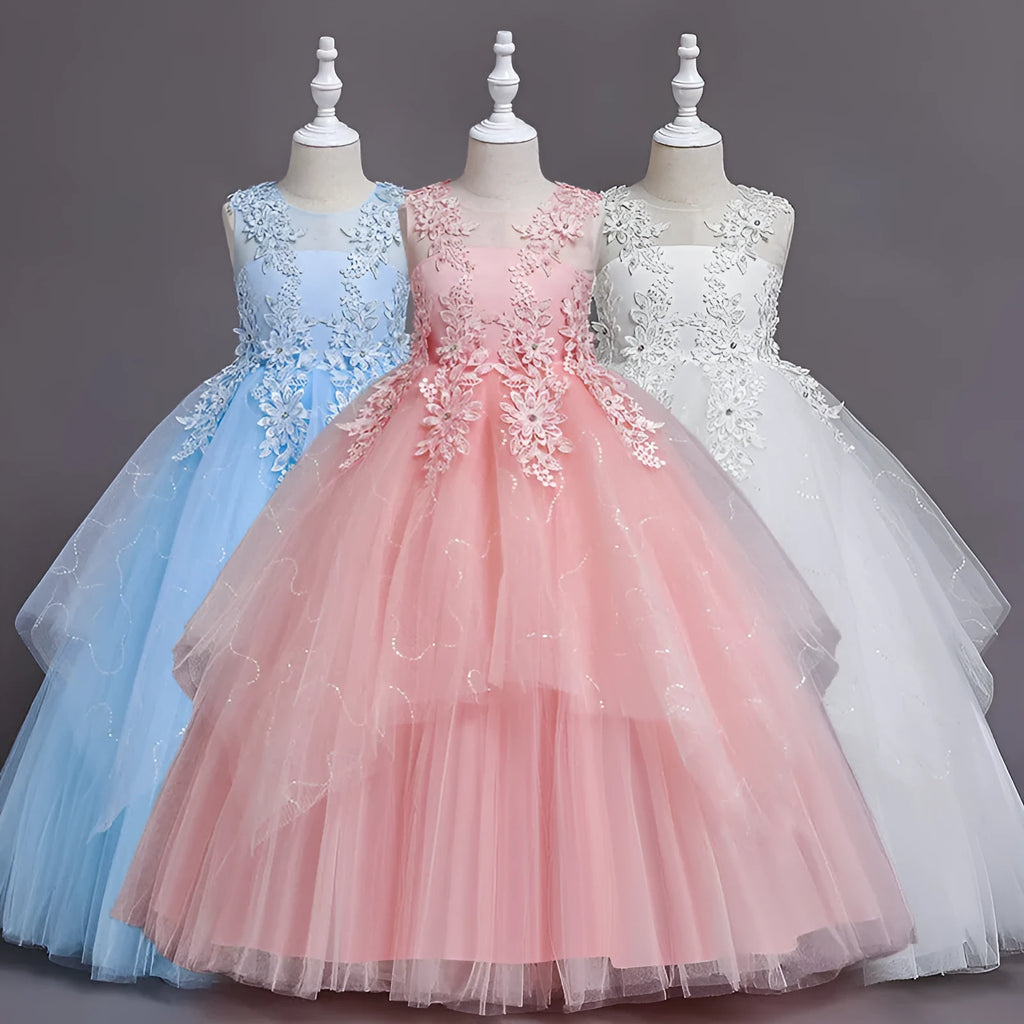 Girls' formal mesh lace dress with cotton lining in blue, front view, size 120cm