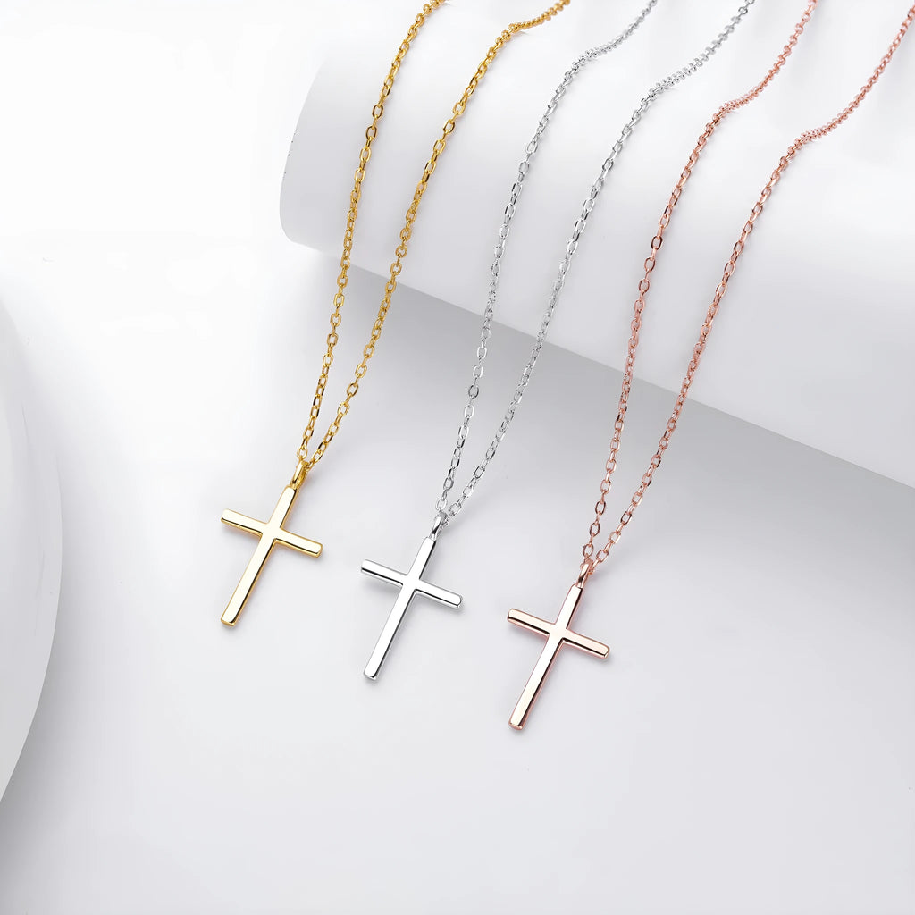 S925 sterling silver necklace with simple cross pendant on O-chain in gold, platinum, or rose gold plating