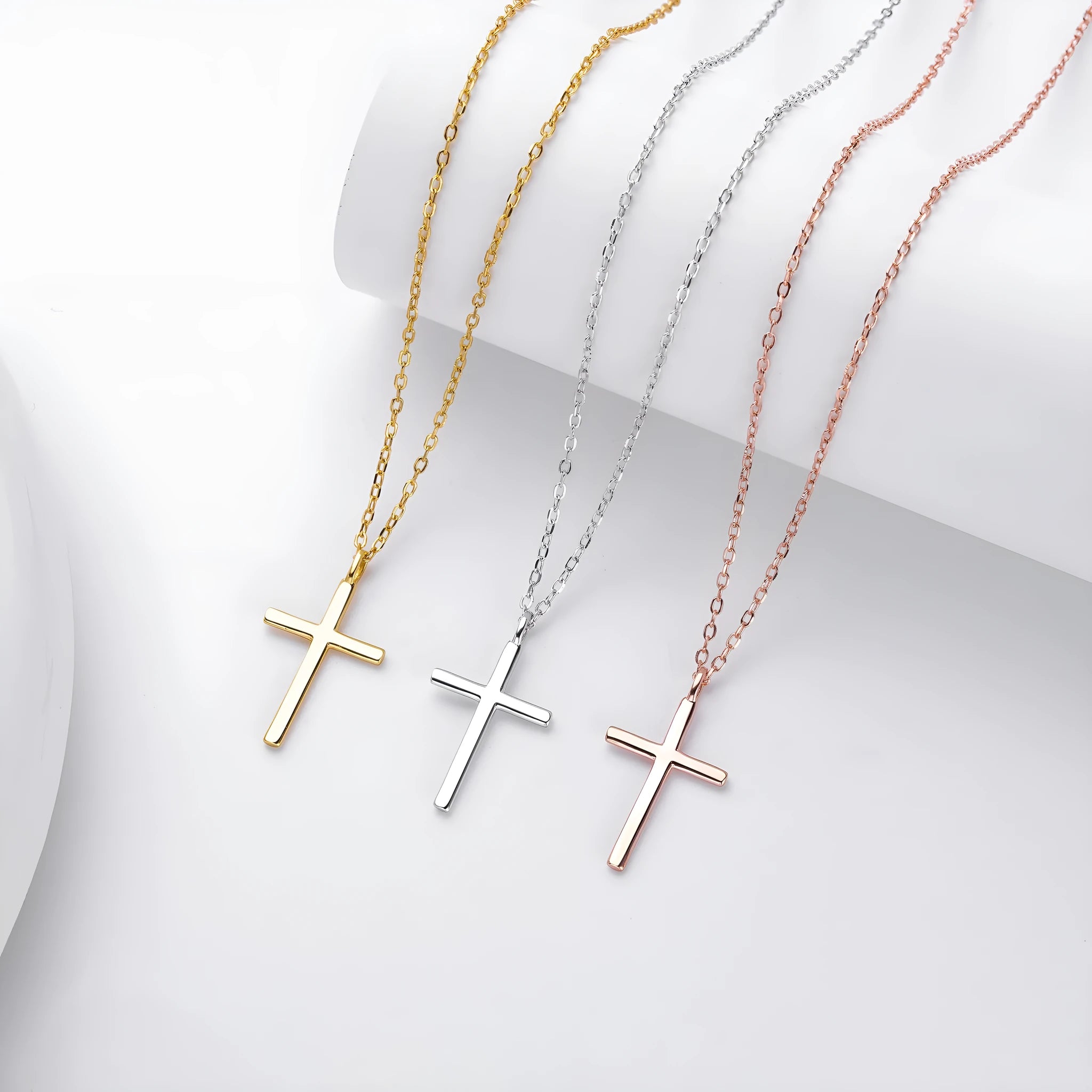 S925 sterling silver necklace with simple cross pendant on O-chain in gold, platinum, or rose gold plating