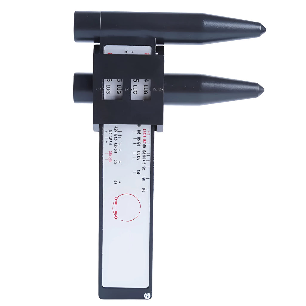 Digital hole distance measuring tool with electronic display, plastic caliper body shown next to a ruler for scale.