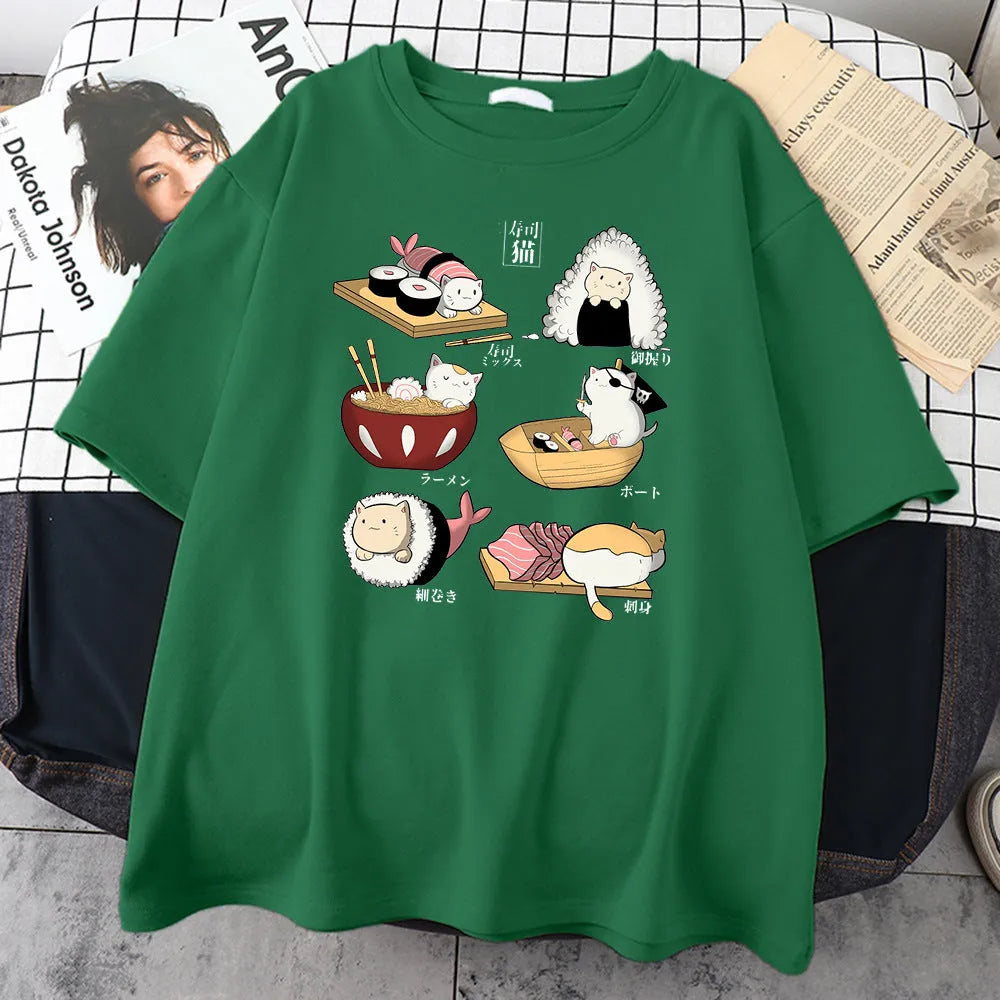 Men's black cotton t-shirt with cute cat sushi cartoon print design, short sleeves, loose fit