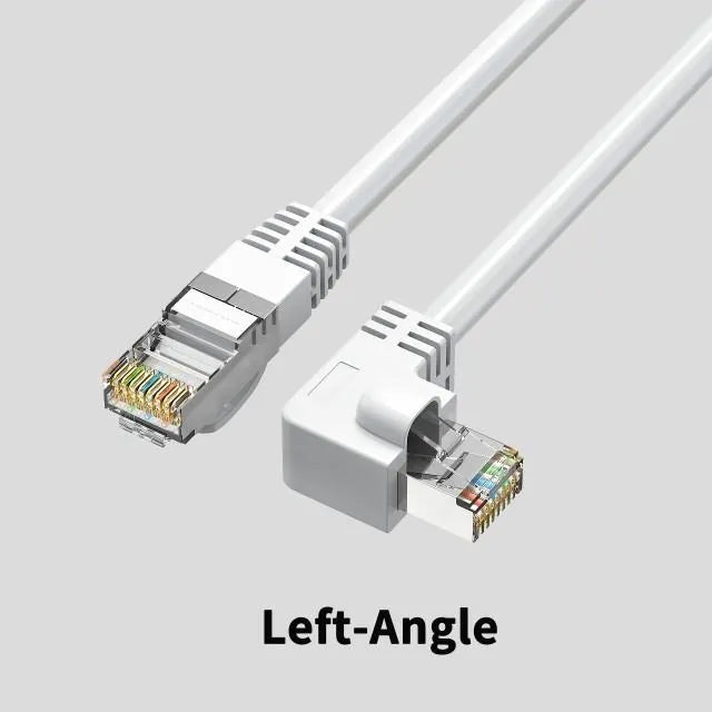 Cat6 Ethernet cable with right-angled metal RJ45 connectors in various colours including black, white, orange, and yellow.