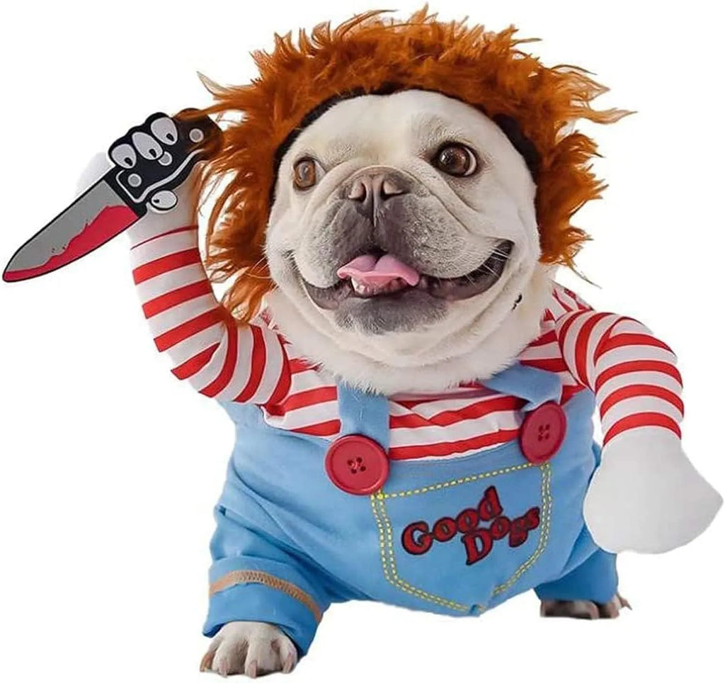 Striped Halloween harness pants costume for dogs and cats with knife accessory, showing sizing chart