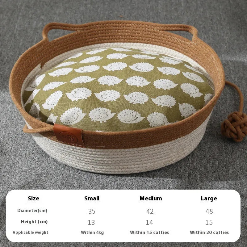 Grey woven cloth cat nest mat with cotton string stitching shown in a cat bed