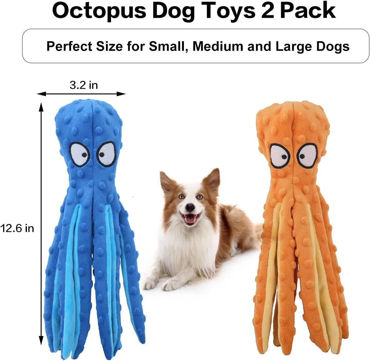 Blue octopus dog toy with squeaker and crinkle sounds for interactive play