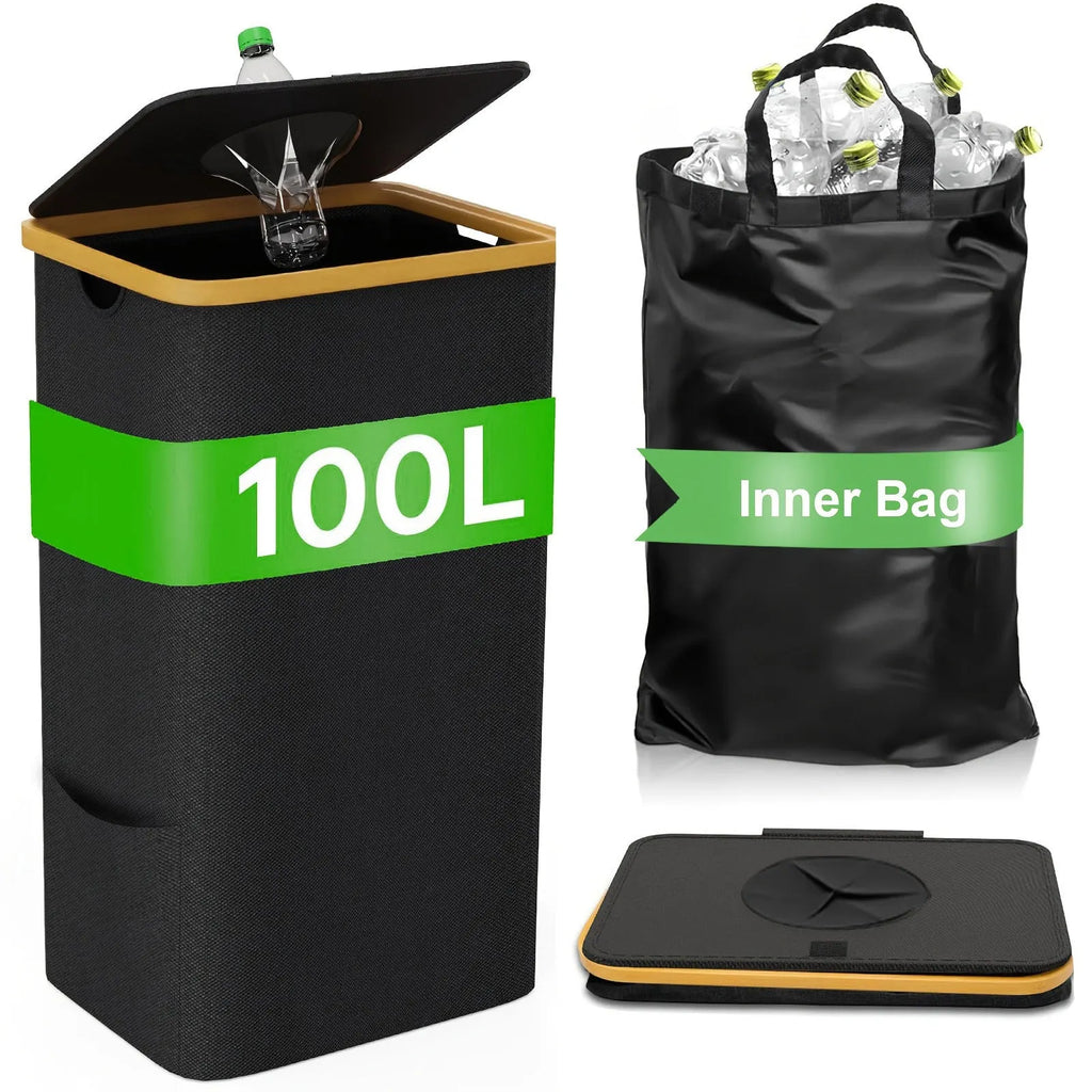 Black bamboo storage basket with removable lid and double inner pockets for laundry organisation