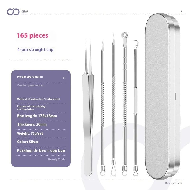 Four silver metal acne needles with fine pointed tips laid out on a flat surface.