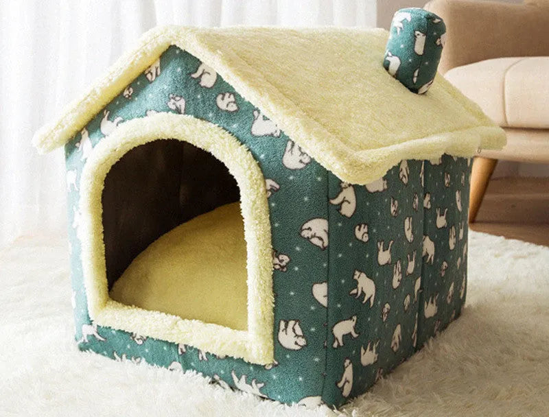 Foldable dog house pet cat bed in cave style with self-warming plush fur and non-slip bottom, available in multiple colours and sizes