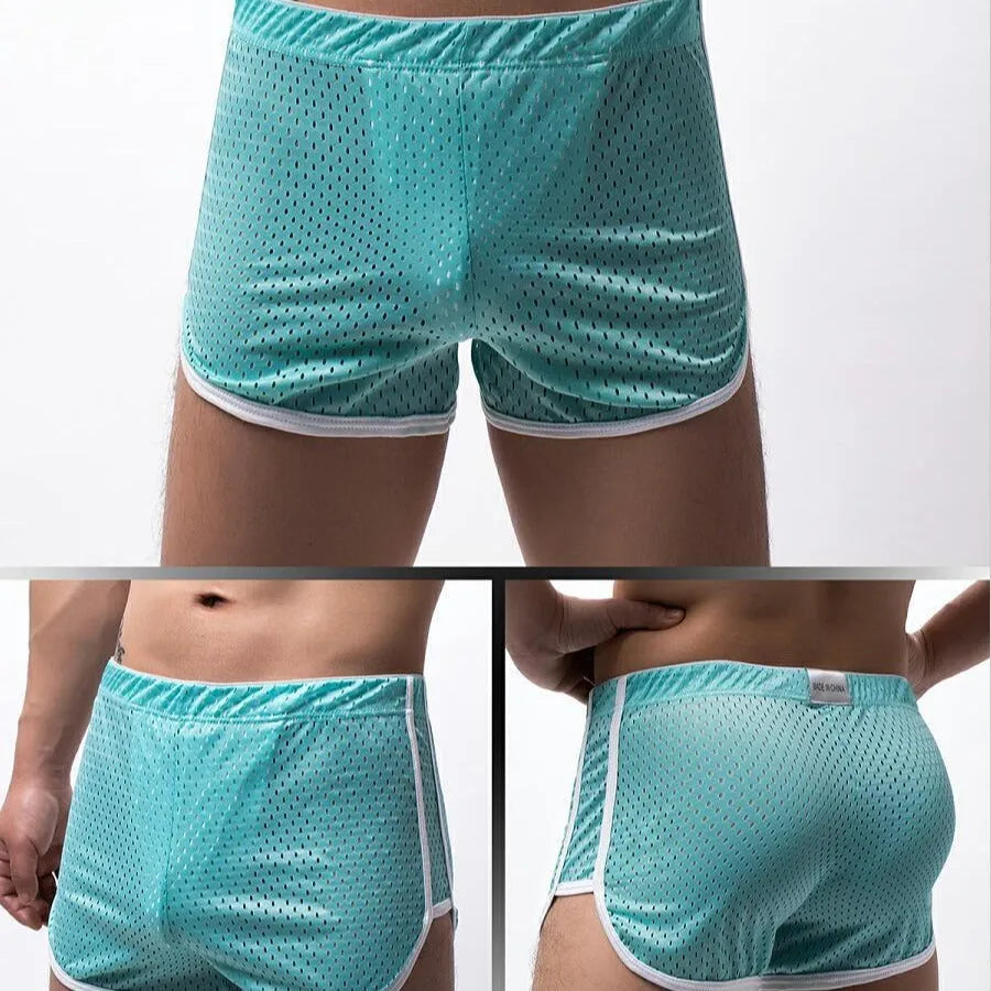 Men's cotton three-point fly boxer shorts in black, grey, dark blue, light blue, and white.