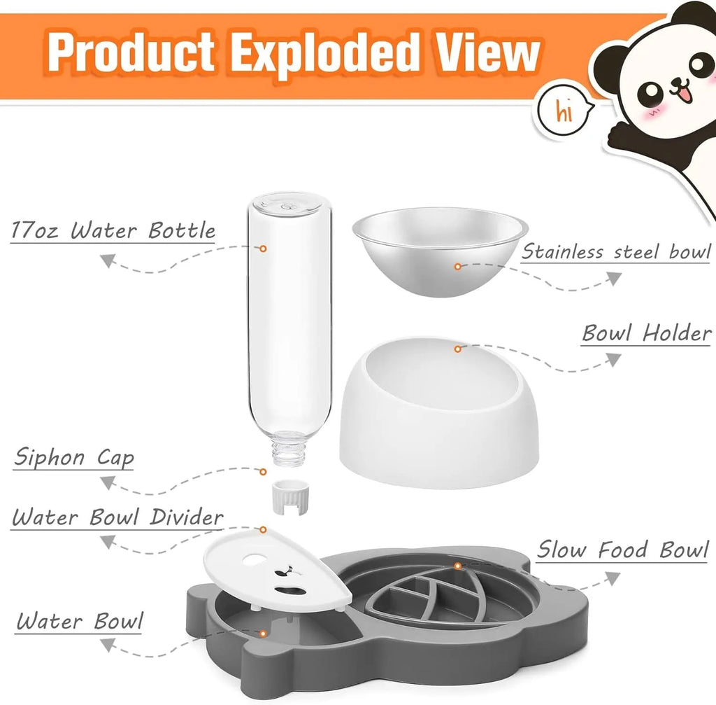 Grey panda-shaped pet feeder with automatic water bottle and tilted stainless steel bowls