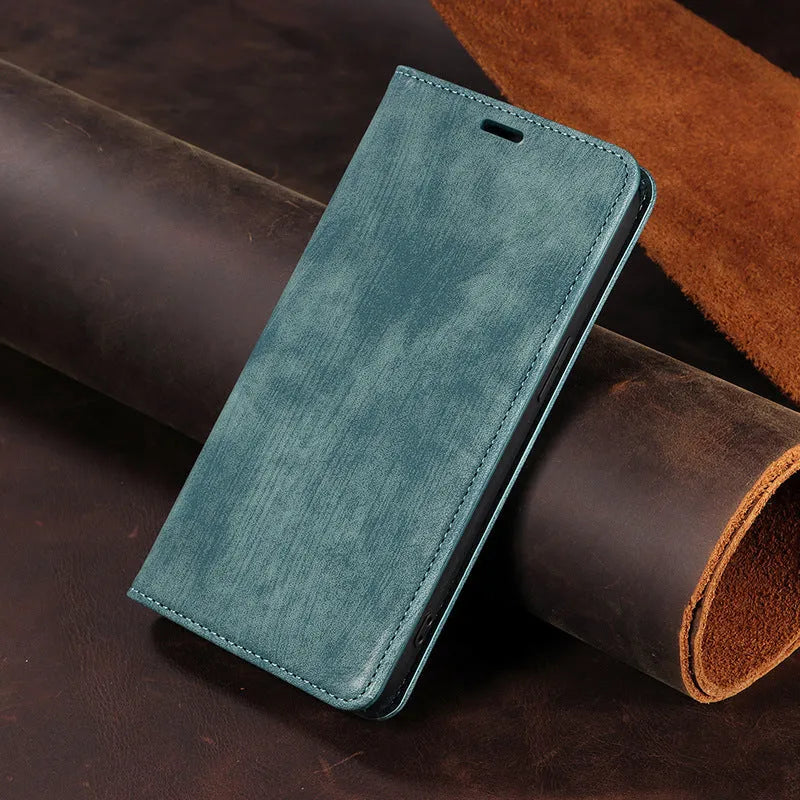 Magnetic flip phone case in leather and TPU for iPhone, shown in grey colour.