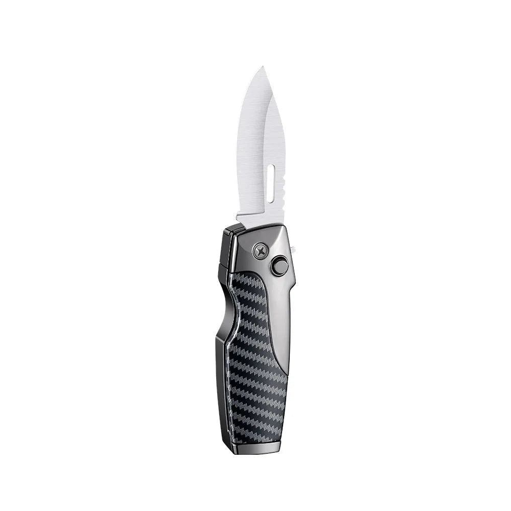 Metal folding outdoor lighter with integrated knife in a zinc alloy case, showing various colour options.