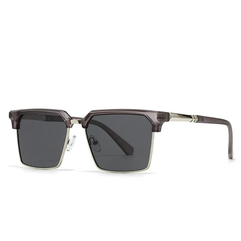 Men's square plastic sunglasses in six colour options on a white background.