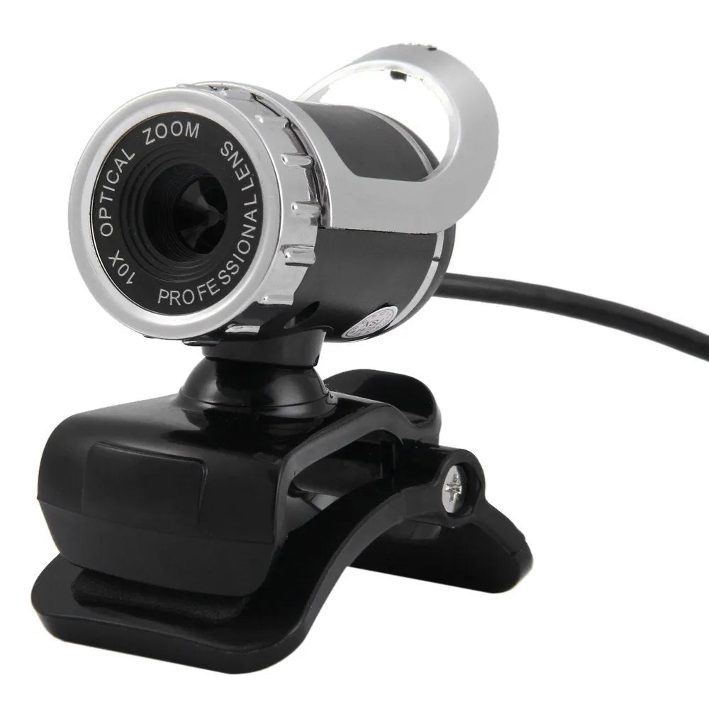 Computer video USB camera with built-in sound-absorbing microphone in black and silver, 640x480 resolution, glass lens, 140cm cable