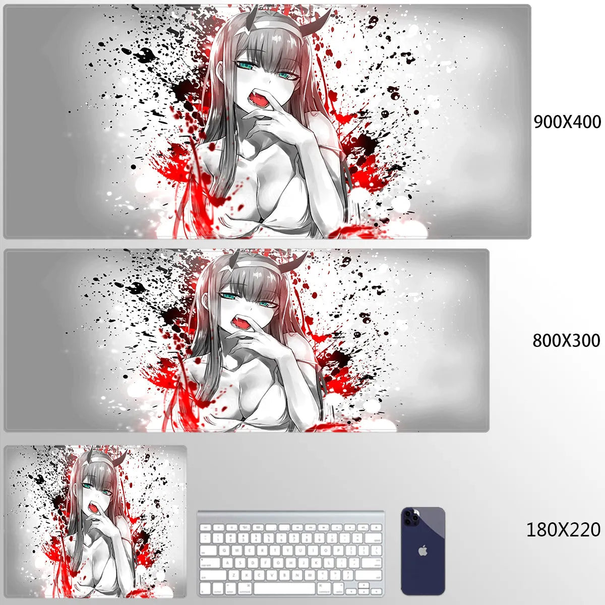 Pink cloth keyboard mat with Darling in the Franxx anime print on a desk