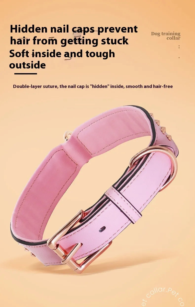 Leather dog collar with metal rivets, adjustable buckle, and D-ring in black, chocolate, or pink.