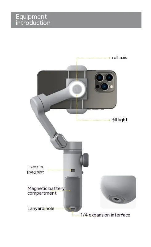 Silver grey smartphone gimbal stabiliser with extended arms and Bluetooth remote control on a table.