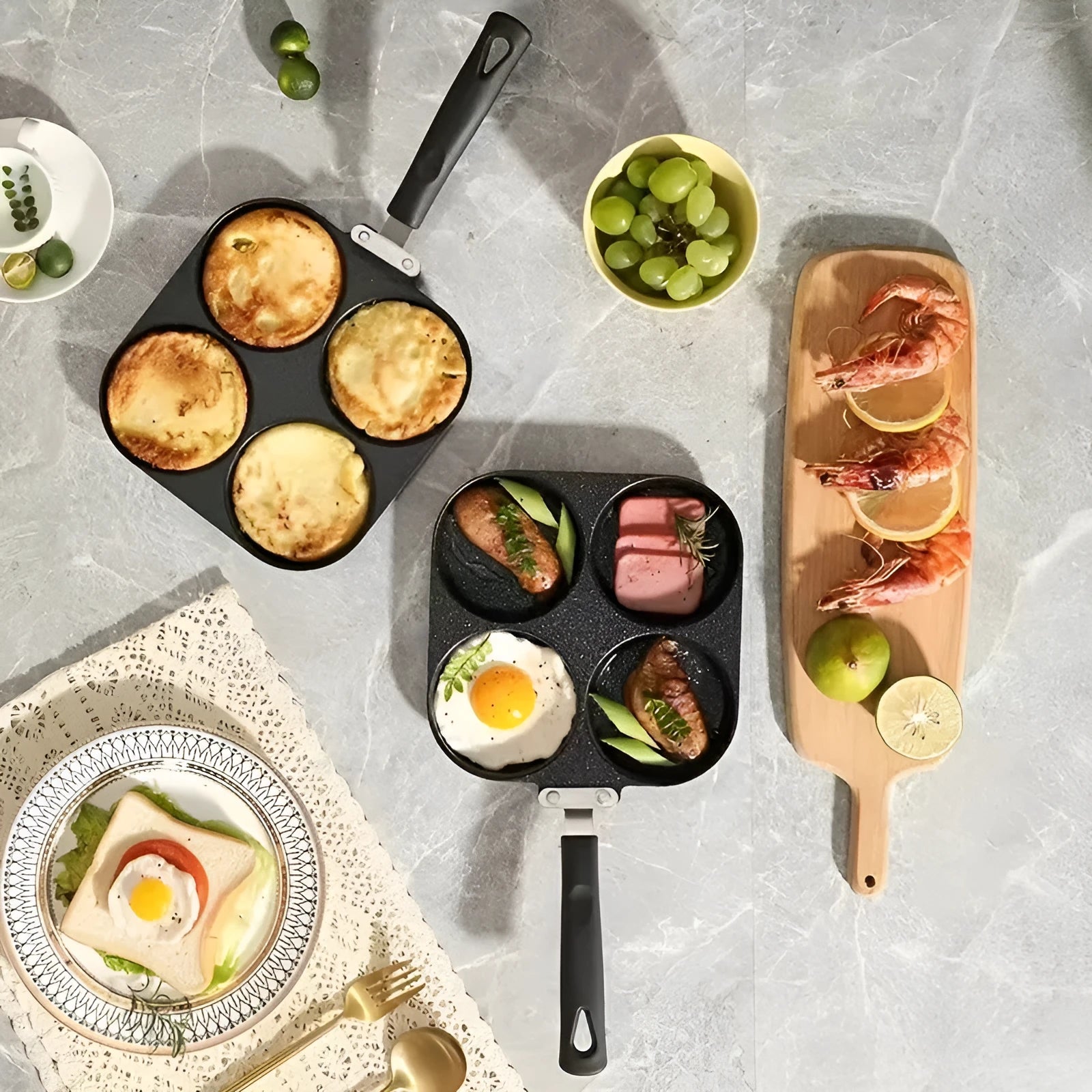Non-stick four-hole frying pan with medical stone coating on a gas hob cooking eggs and pancakes