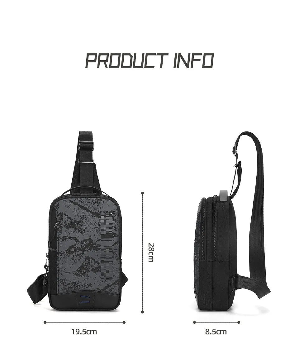Casual black TPU chest pack with a single shoulder strap, shown in a square vertical shape with a landscape pattern.