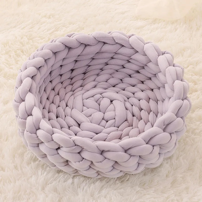 Round soft long plush cat house cushion in beige on a wooden floor, 40cm size option
