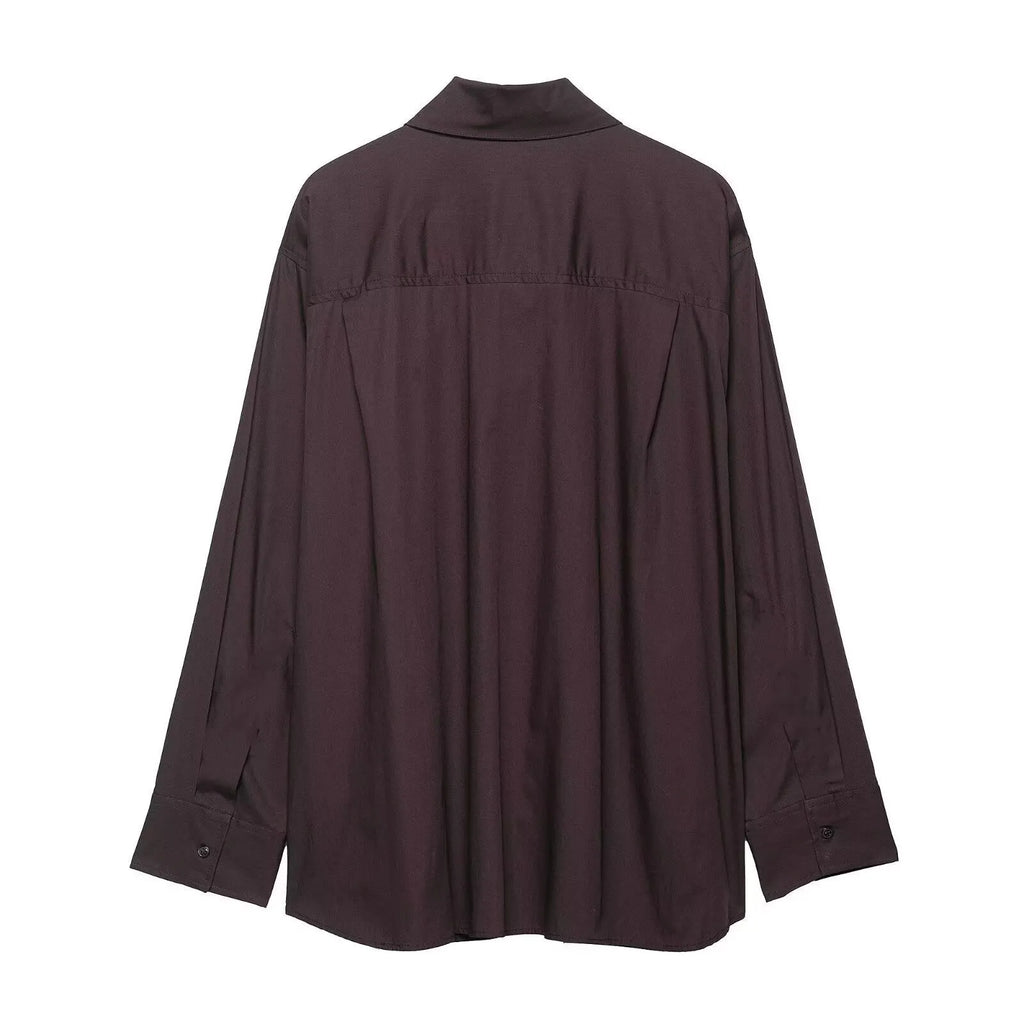 Brown loose-fit women's polyester poplin shirt with an attached bow tie, cardigan style.