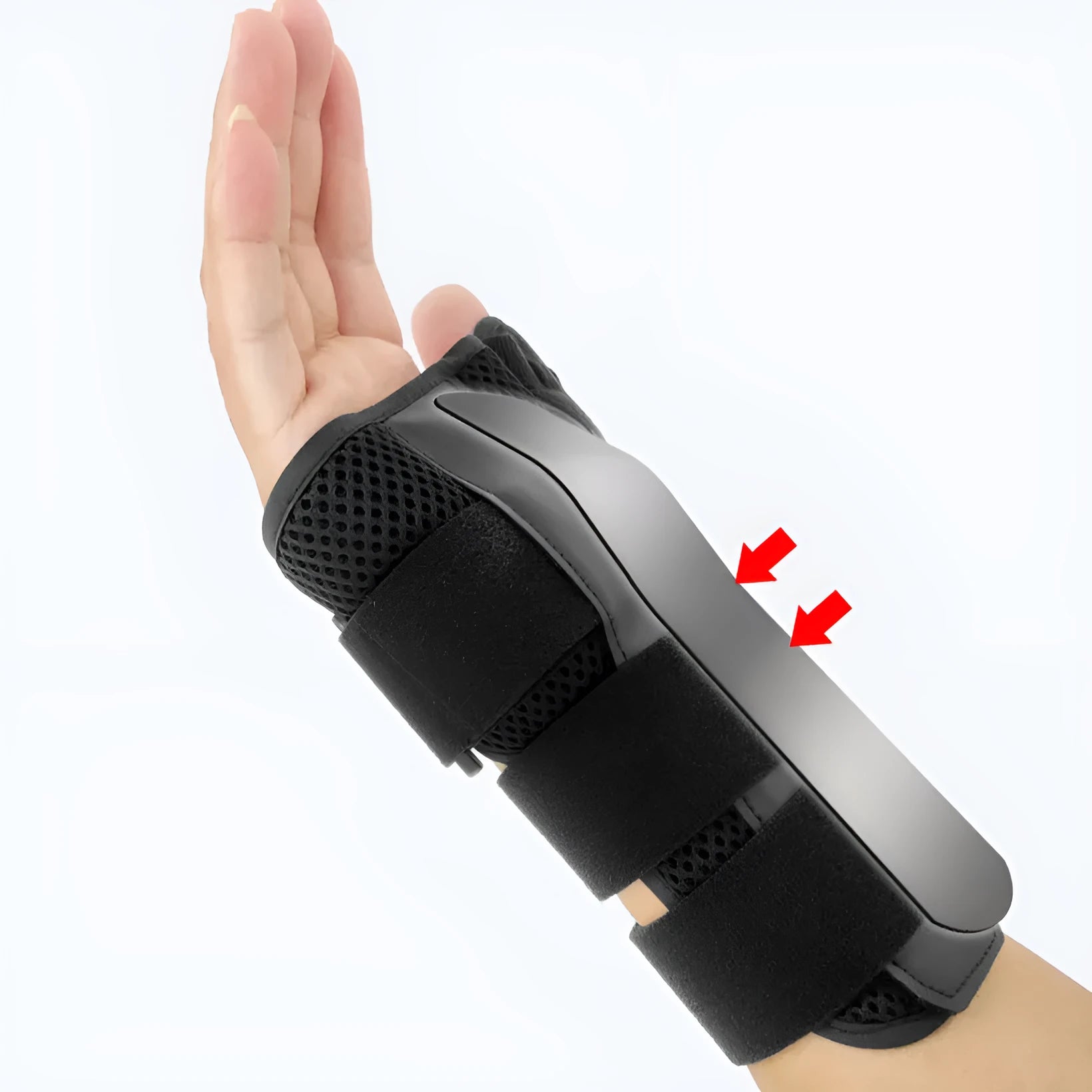 Carbon fibre sports wrist guard with thumb strap shown in black with grey edging, for left or right hand.