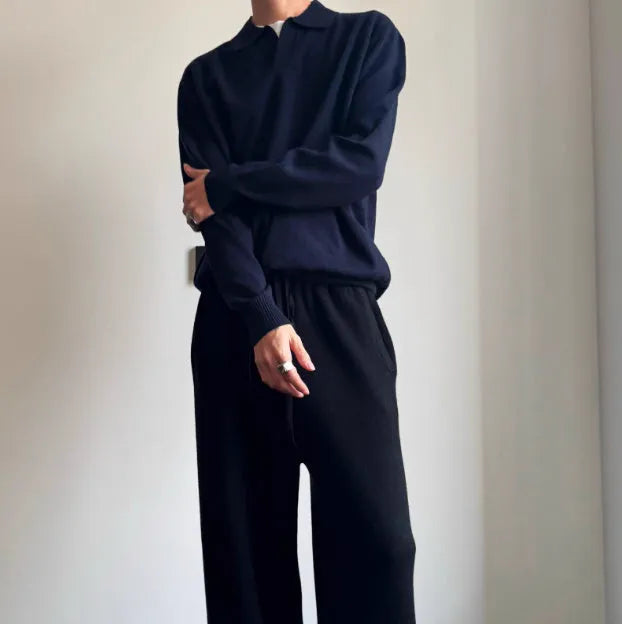 Pure wool polo sweater with a lapel collar in loose fit, shown in Navy Blue.