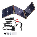 Black foldable portable 36W solar panel with monocrystalline cells and included car charger accessories.