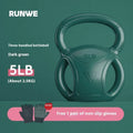 Colourful kettlebells in pink, lavender, and dark green with different weight options for home fitness