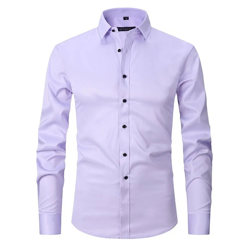 Men's long sleeve stretch work shirt in polyester fabric showing front view