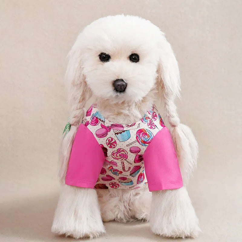 Colourful printed polyester t-shirt for a small dog showing casual spring and autumn pet clothing.