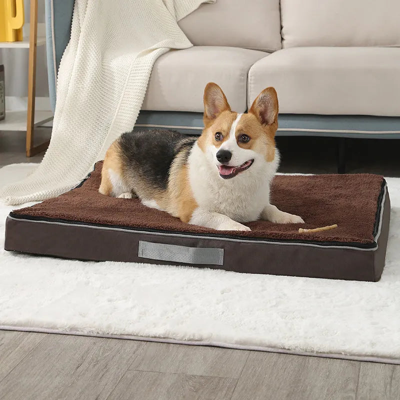 Removable washable memory sponge dog mat in brown Shu cotton velvet, shown in a 100x75cm size.