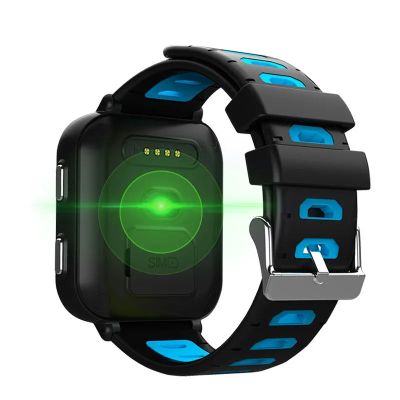 Video camera smartwatch with AI monitoring and GPS positioning, shown in blue on a wrist, with 1.54 TFT screen and TPU band