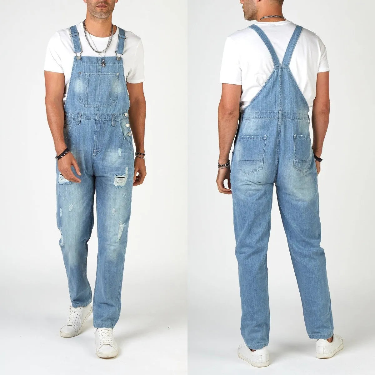 Light blue ripped suspender pants men's jeans with high waist and straight leg design