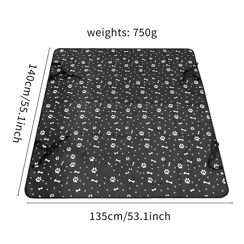 Cloth car pet mat for rear seat protection, shown in a dog bone print design on a grey background.