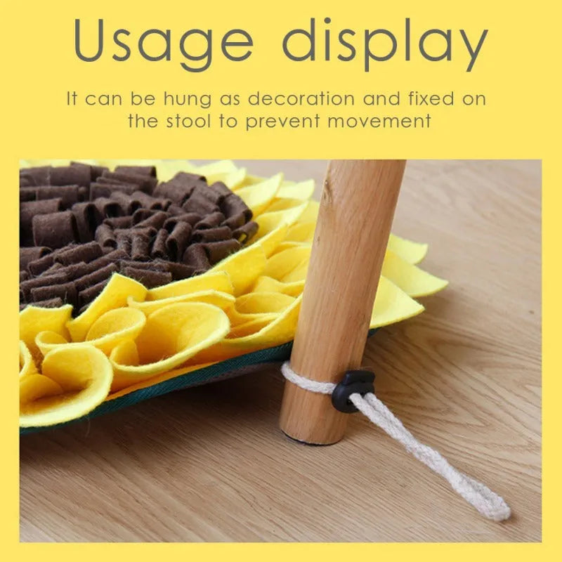 Yellow sunflower-shaped dog snuffle mat with fabric folds for hiding treats.