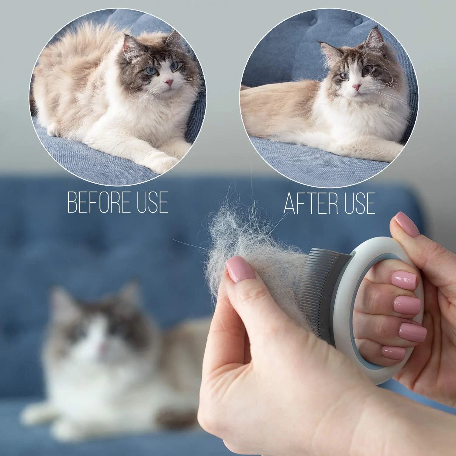Blue plastic pet grooming comb for deshedding and dematting cat and dog hair on a white background.