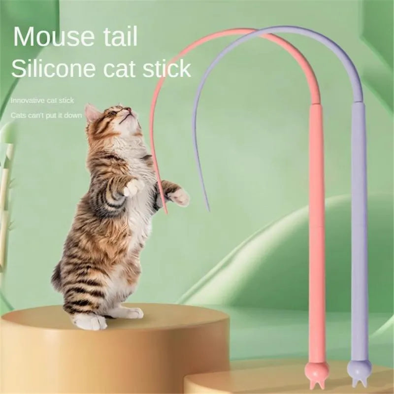 Blue cat teaser wand with silicone mouse tail measuring 80cm length
