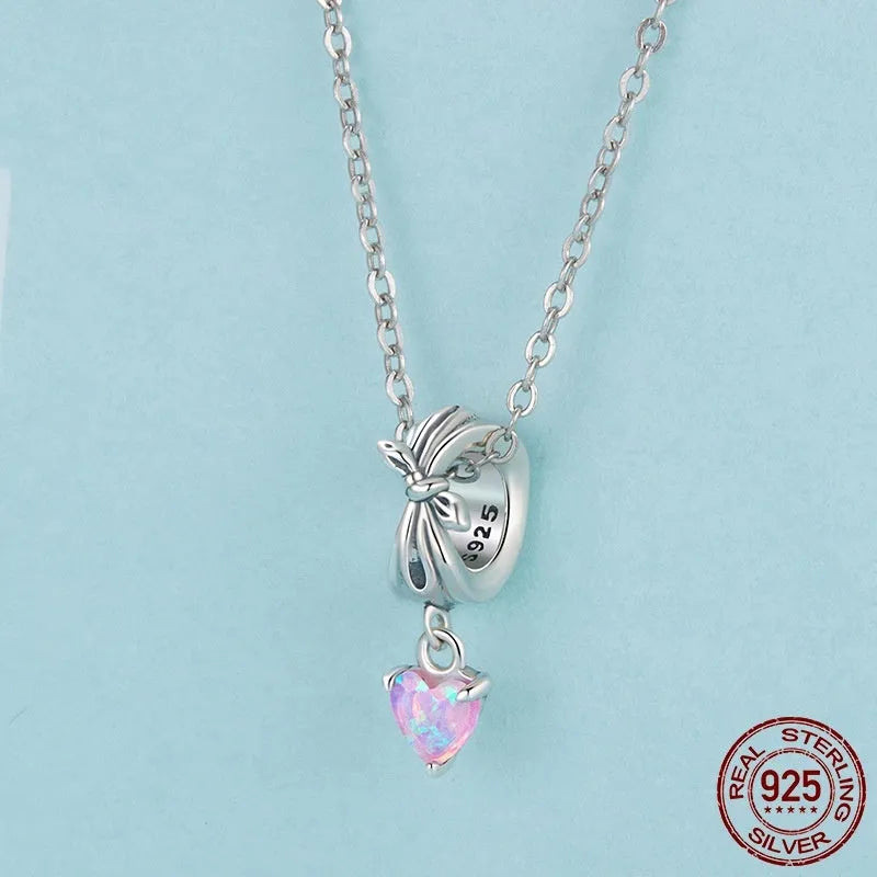 S925 sterling silver loving heart bead with opal bow inlay, 1.6x0.6cm, 0.45cm aperture