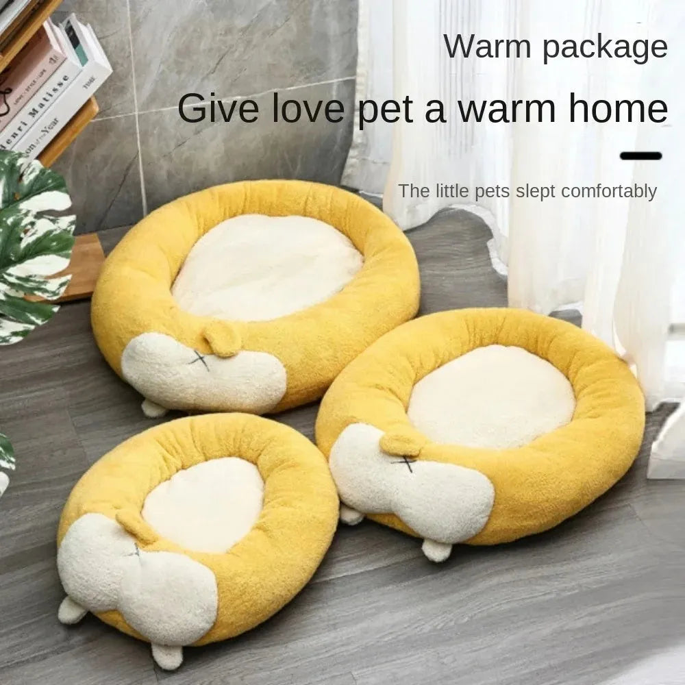 Corgi shaped soft plush pet bed for dogs and cats on a white background