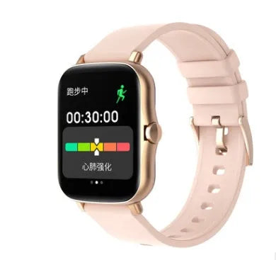 Black smart watch with 1.7-inch colour touch screen and silicone strap on a wrist.