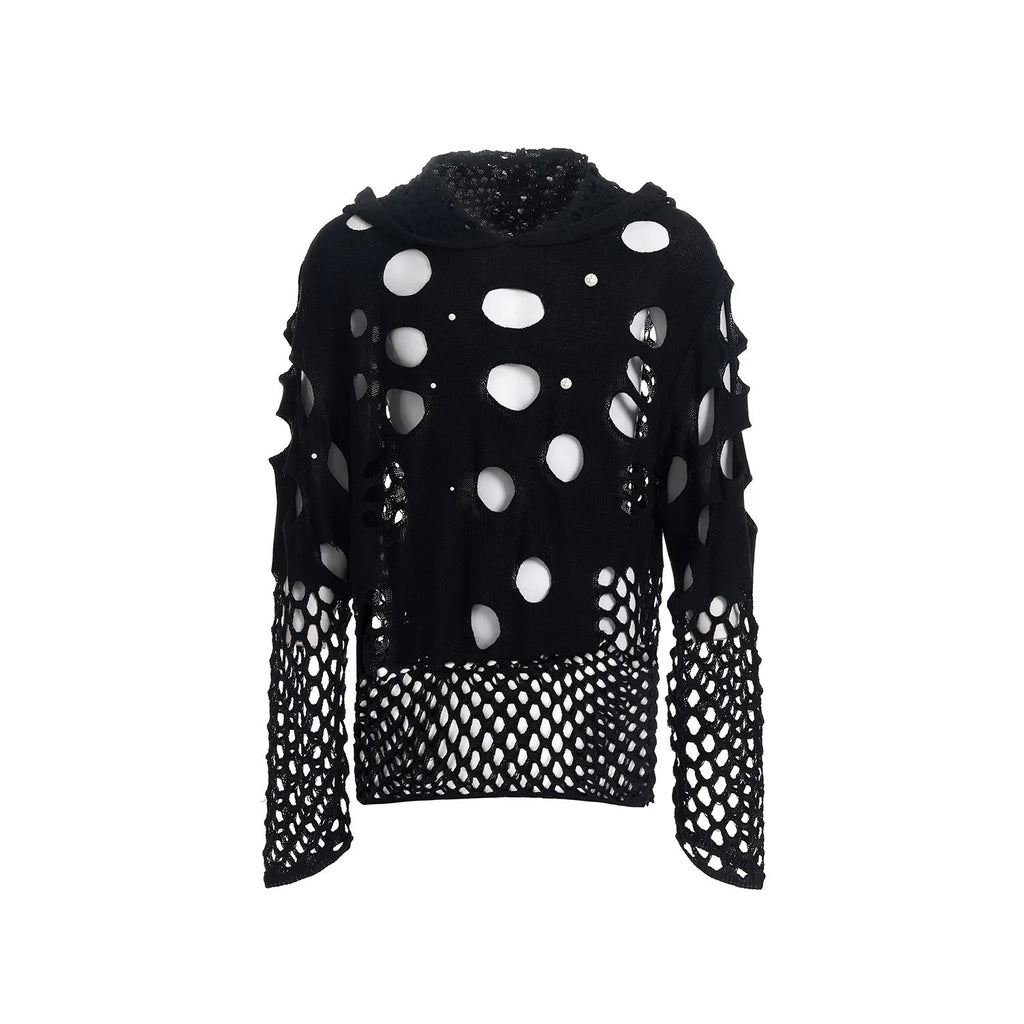 Black men's hooded sweater with pearl decoration on hood showing loose fit and pullover design