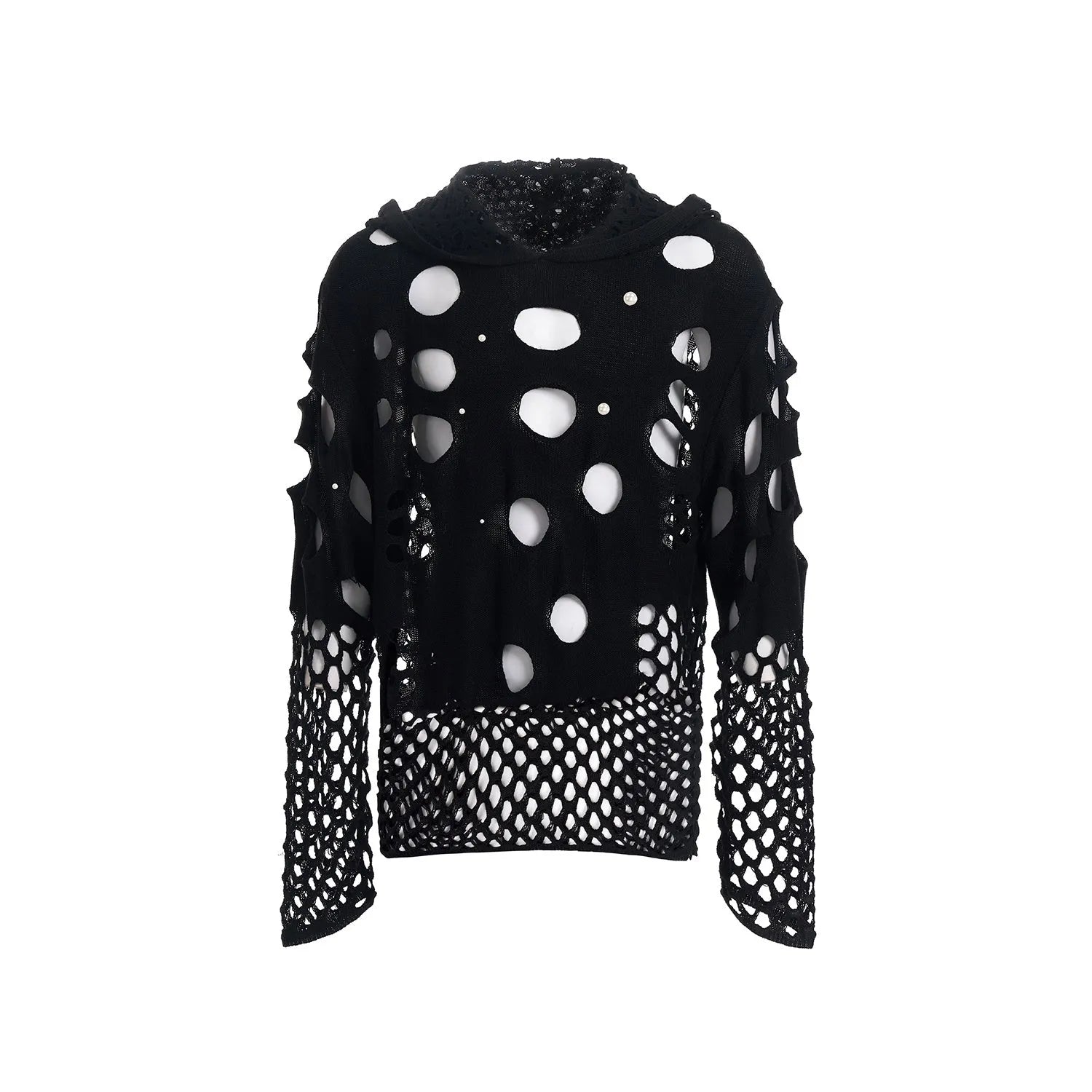 Black men's hooded sweater with pearl decoration on hood showing loose fit and pullover design