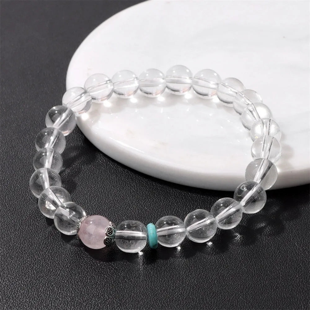 Handmade natural white crystal bracelet with strawberry beads in u-shape design