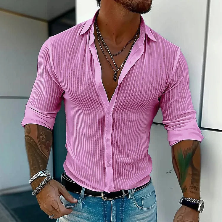 British style loose fit men's cardigan with long sleeves and a striped 3D pattern.