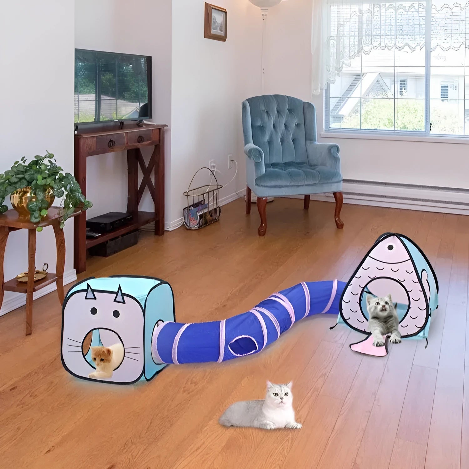 Foldable cat tent and tunnel interactive toy with colourful fabric in a three-piece set.