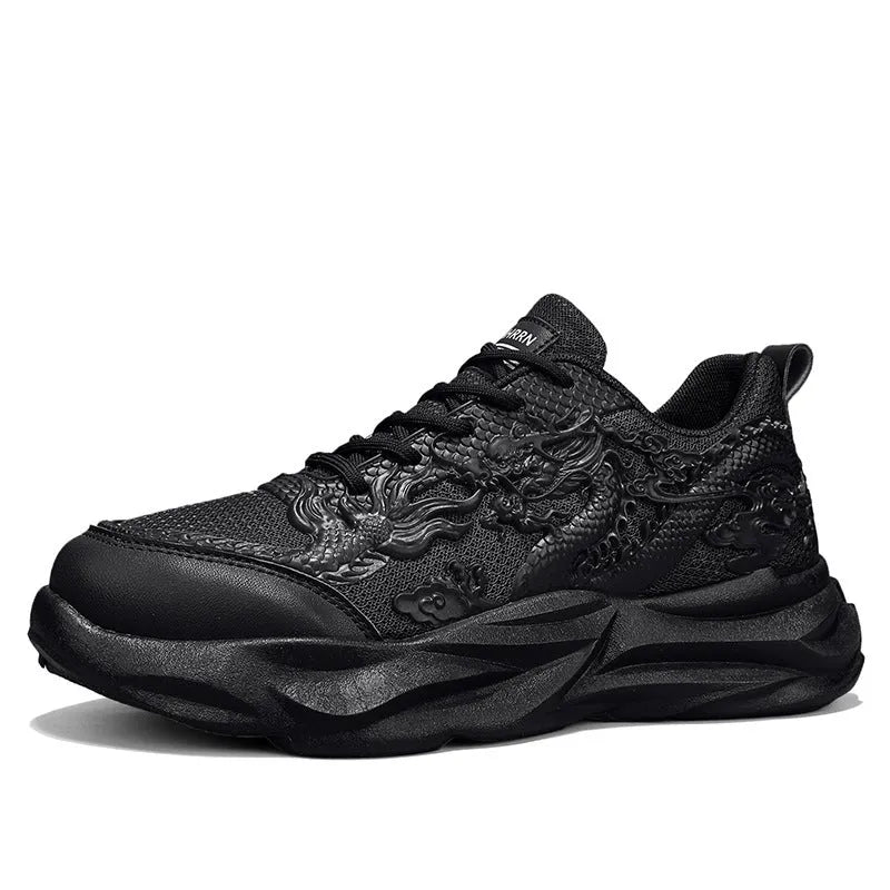 Casual sneakers with Chinese dragon artwork on breathable fly knit material and rubber soles