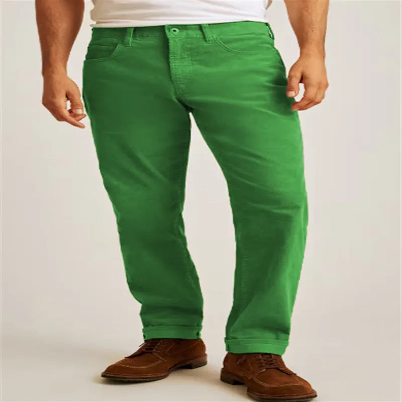 Corduroy straight-leg trousers in army green colour with mid-waist design and zip fly closure
