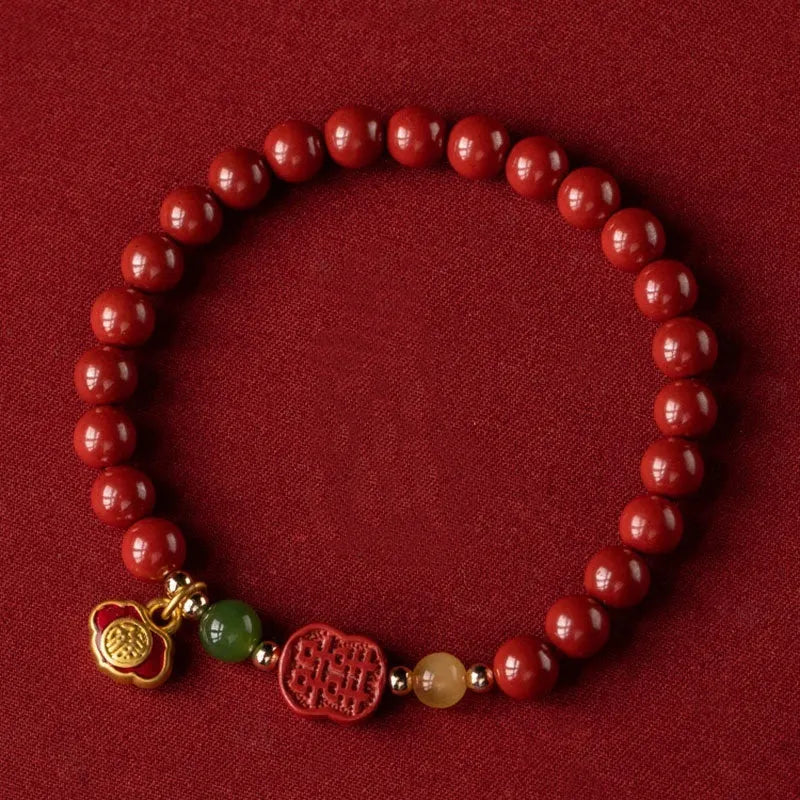 Emperor sandstone cinnabar bracelet with fu character, showing 6mm and 8mm bead size options.